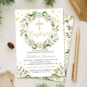 Elegant Winter Floral Girl Baptism Invitation