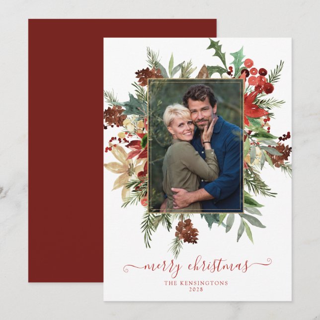 Elegant Winter Floral Gold Foil Christmas Photo (Front/Back)