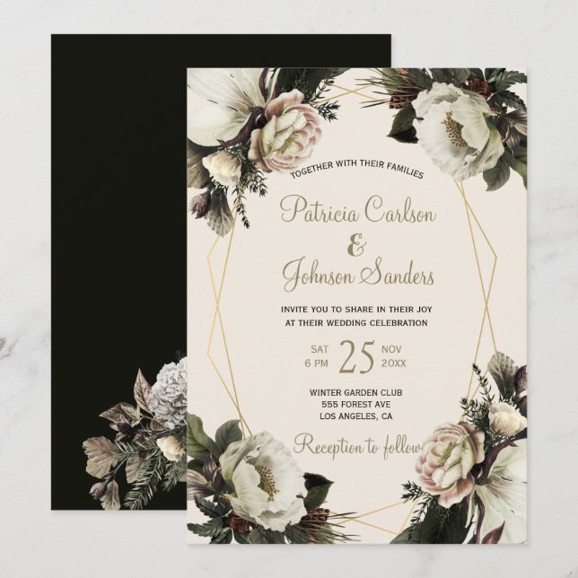 Elegant winter floral gold geometric wedding invitation (Front/Back)