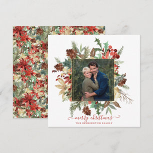 Elegant Winter Floral Gold Holiday Christmas Photo Card