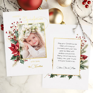 Elegant Winter Floral Gold Merry Christmas 1 Photo Foil Holiday Card