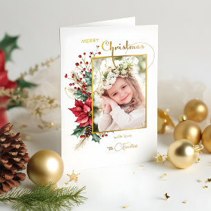 Elegant Winter Floral Gold Merry Christmas 1 Photo Foil Holiday Card