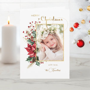 Elegant Winter Floral Gold Merry Christmas 1 Photo Holiday Card