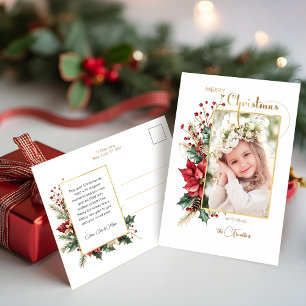 Elegant Winter Floral Gold Merry Christmas 1 Photo Holiday Postcard