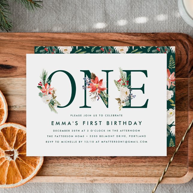 Elegant Winter Floral Green 1st Birthday Party Invitation (Creator Uploaded)