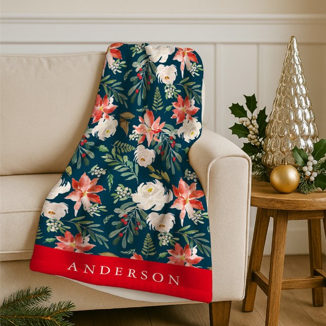 Elegant Winter Floral Green Personalised Holiday Fleece Blanket (Creator Uploaded)