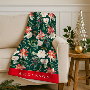 Elegant Winter Floral Green Personalised Holiday Fleece Blanket