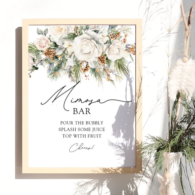 Elegant Winter Floral Greenery Mimosa Bar Poster (Creator Uploaded)