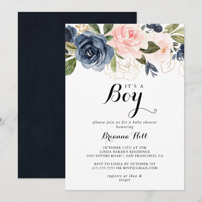 Elegant Winter Floral It's A Boy Baby Shower Invitation (Front/Back)