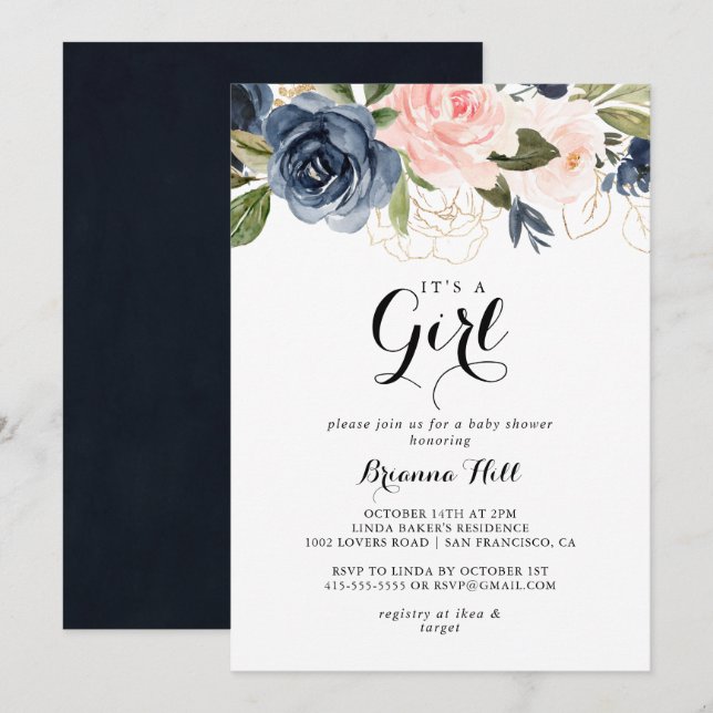 Elegant Winter Floral It's A Girl Baby Shower Invitation (Front/Back)