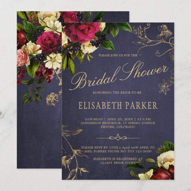Elegant winter floral navy burgundy bridal shower invitation (Front/Back)