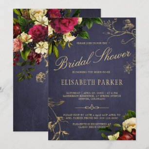 Elegant winter floral navy burgundy bridal shower invitation