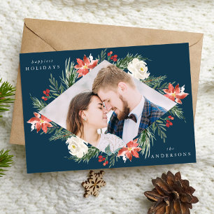 Elegant Winter Floral Navy Geometric Frame Photo Holiday Card