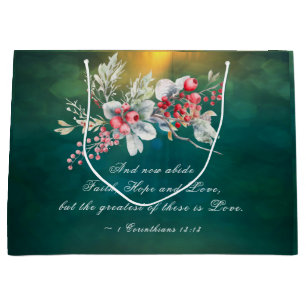 Elegant Winter Floral on Green Bible Wedding Large Gift Bag