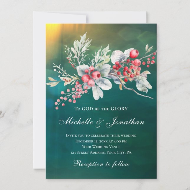 Elegant Winter Floral on Green Christian Wedding Invitation (Front)