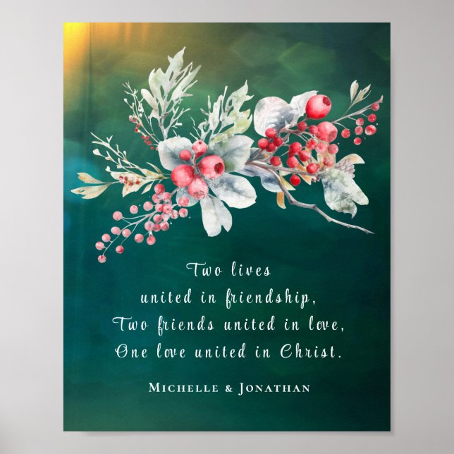 Elegant Winter Floral on Green Christian Wedding Poster (Front)