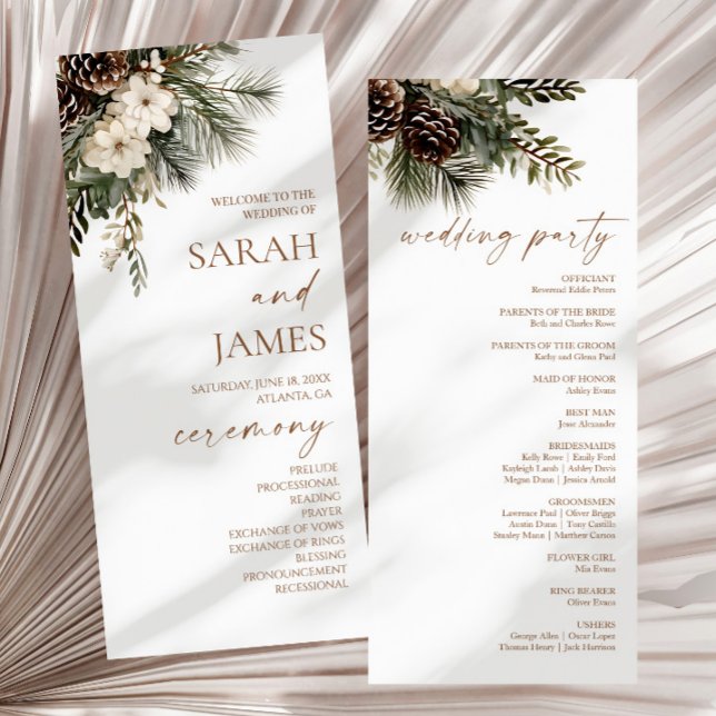 Elegant Winter Floral Pine Trees Wedding Programme (Creator Uploaded)