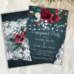 Elegant winter floral rustic engagement party invitation<br><div class="desc">Rustic elegant winter wngagement party stylish invitation template on a dark navy blue chalkboard featuring a beautiful burgundy wine and white peony roses bouquet with hunter green foliage, strings of white twinkle lights, lace corners, and a chic typography script. Easy to personalise with your details! The invitation is suitable for...</div>