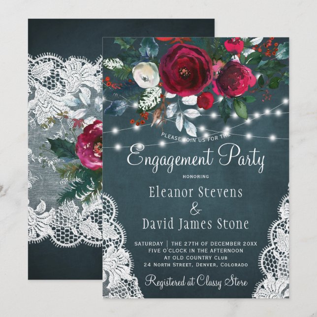 Elegant winter floral rustic engagement party invitation (Front/Back)