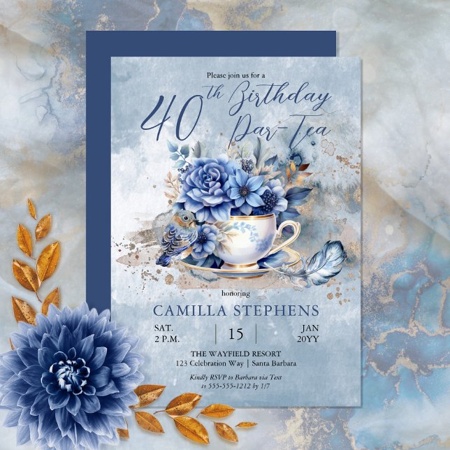 Elegant Winter Floral Teacup 40th Birthday Par-Tea Invitation (Create a magical birthday celebration with this beautiful blue winter floral teacup and bird design.)