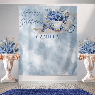 Elegant Winter Floral Teacup Happy Birthday Tapestry