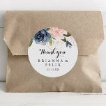 Elegant Winter Floral Thank You Wedding Favour Classic Round Sticker<br><div class="desc">This elegant winter floral thank you wedding favour classic round sticker is perfect for a modern wedding. The design features beautiful hand-painted dark blue, blue, navy, pink , blush, gold flowers and green foliage, bunched into elegant bouquets. Make the sticker labels your own by including your names, the event (if...</div>