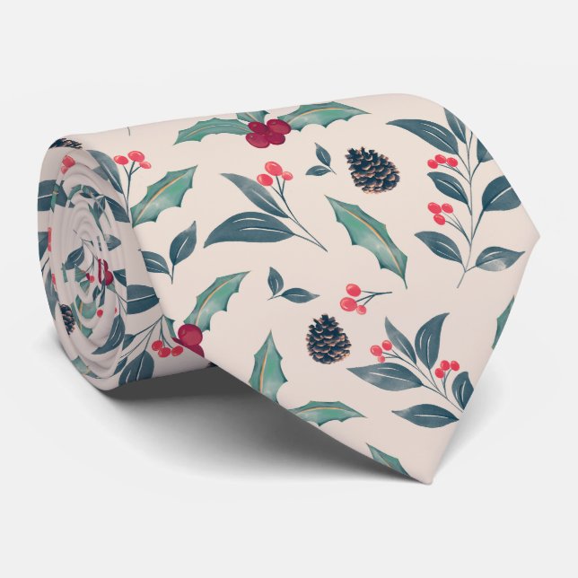 Elegant Winter floral Watercolor Christmas Tie (Rolled)