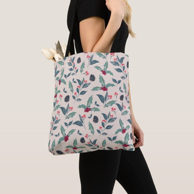 Elegant Winter floral Watercolor Christmas Tote Bag (Close Up)
