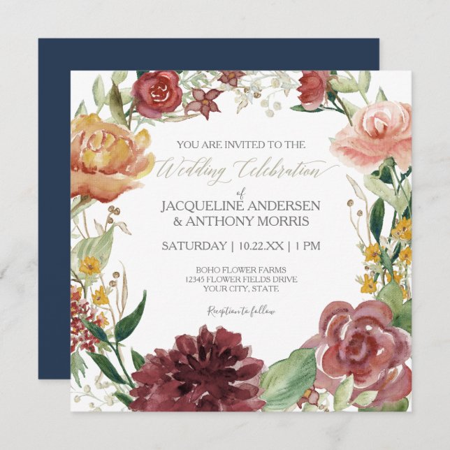 Elegant Winter Floral Wedding Navy Red Blush Roses Invitation (Front/Back)