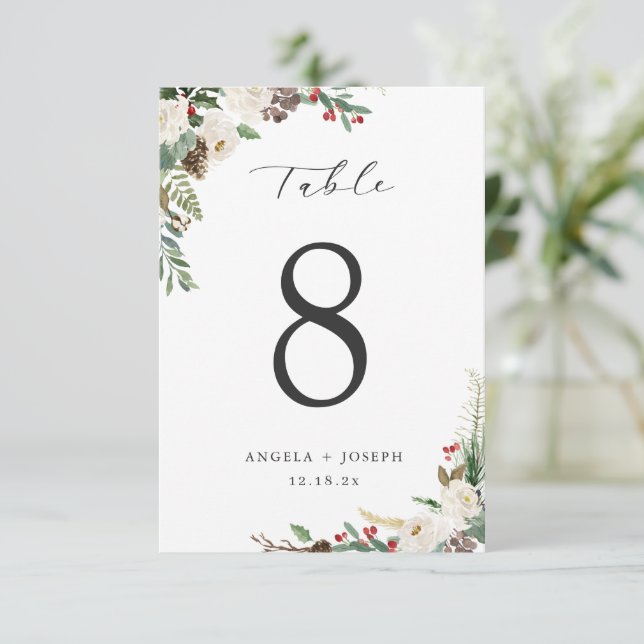 Elegant Winter Floral Wedding Table Number Card (Standing Front)