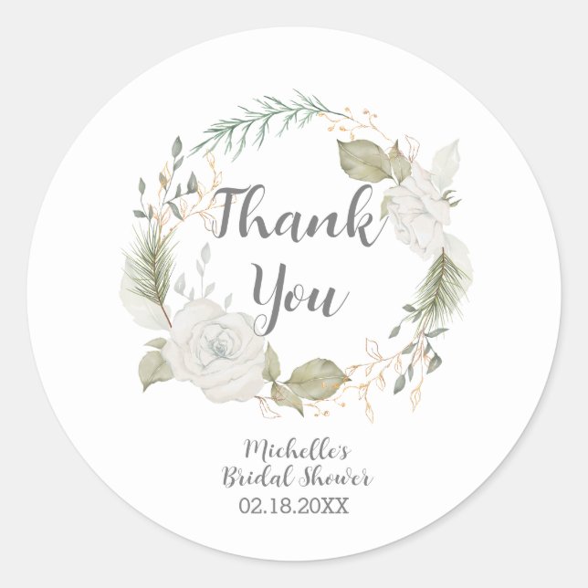 Elegant Winter Floral Wreath Bridal Shower Classic Round Sticker (Front)
