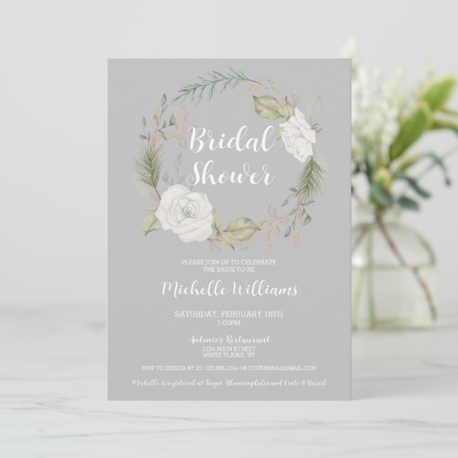 Elegant Winter Floral Wreath Bridal Shower Invitation (Standing Front)