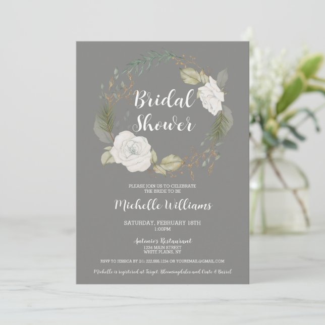 Elegant Winter Floral Wreath Bridal Shower Invitation (Standing Front)