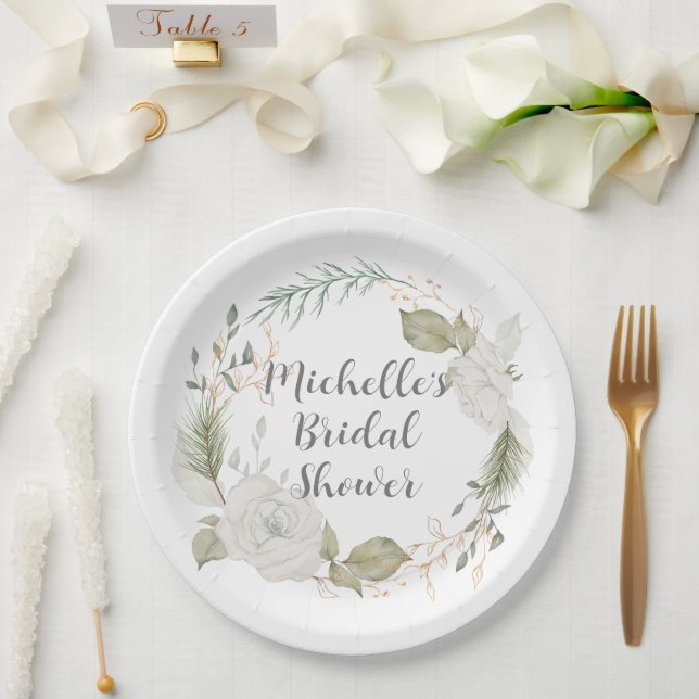 Elegant Winter Floral Wreath Bridal Shower Paper Plate (Wedding)