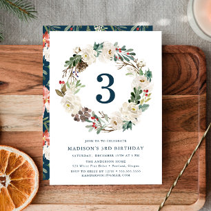 Elegant Winter Floral Wreath Navy Birthday Party Invitation