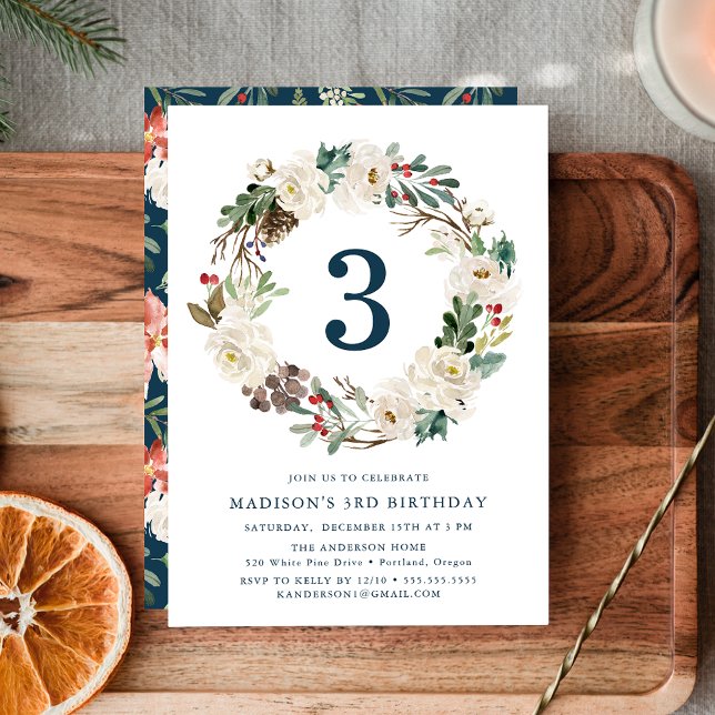 Elegant Winter Floral Wreath Navy Birthday Party Invitation (Creator Uploaded)