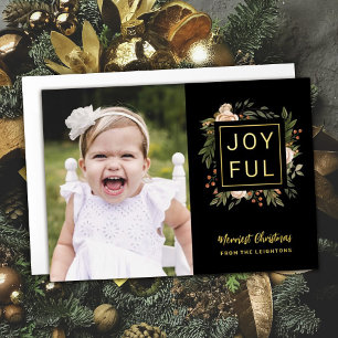 Elegant Winter Florals Joyful Photo Christmas Foil Holiday Card