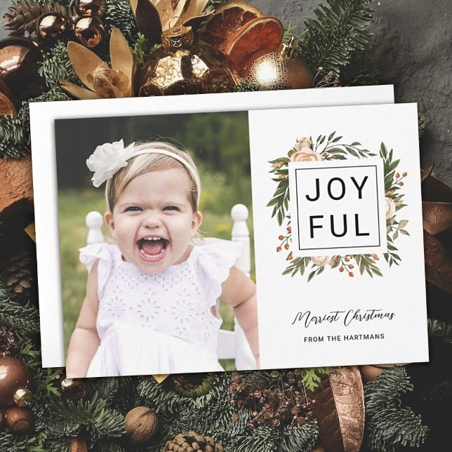 Elegant Winter Florals | Joyful Photo Christmas Holiday Card (Creator Uploaded)