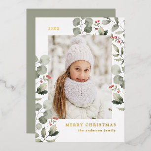 Elegant Winter Foliage and Holly Berries Photo Foil Holiday Card