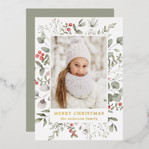 Elegant Winter Foliage and Holly Berries Photo Foil Holiday Card
