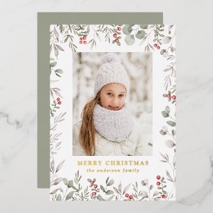 Elegant Winter Foliage and Holly Berries Photo Foil Holiday Card