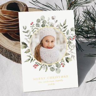 Elegant Winter Foliage and Holly Berries Photo Foil Holiday Card