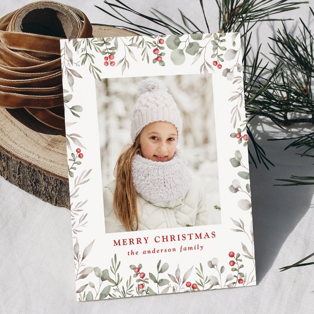 Elegant Winter Foliage and Holly Berries Photo Holiday Card (Creator Uploaded)