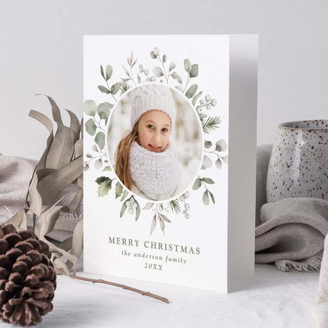 Elegant Winter Foliage and Snowberries Photo Holiday Card (Creator Uploaded)