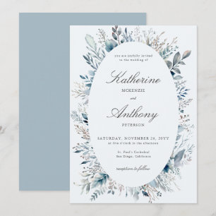 Elegant Winter Foliage Boho Frame Blue Wedding Invitation