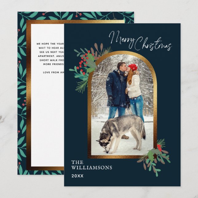 Elegant Winter Foliage Custom Arch Photo Christmas Holiday Card (Front/Back)