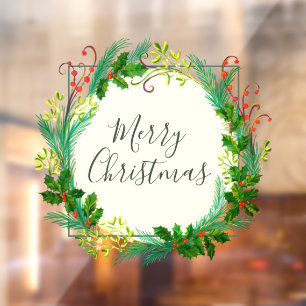 Elegant Winter Foliage Wreath Merry Christmas Window Cling