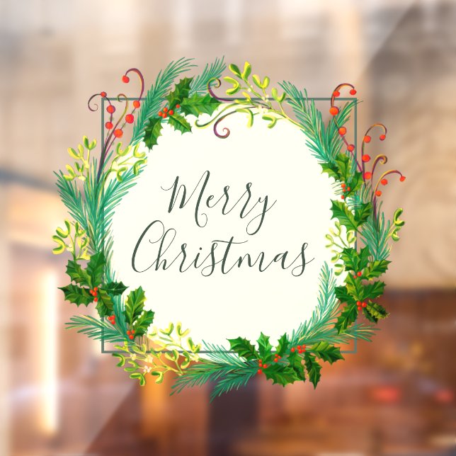Elegant Winter Foliage Wreath Merry Christmas Window Cling (Sheet 2)