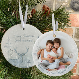 Elegant Winter Forest and Stag Personalised Photo Ceramic Tree Decoration