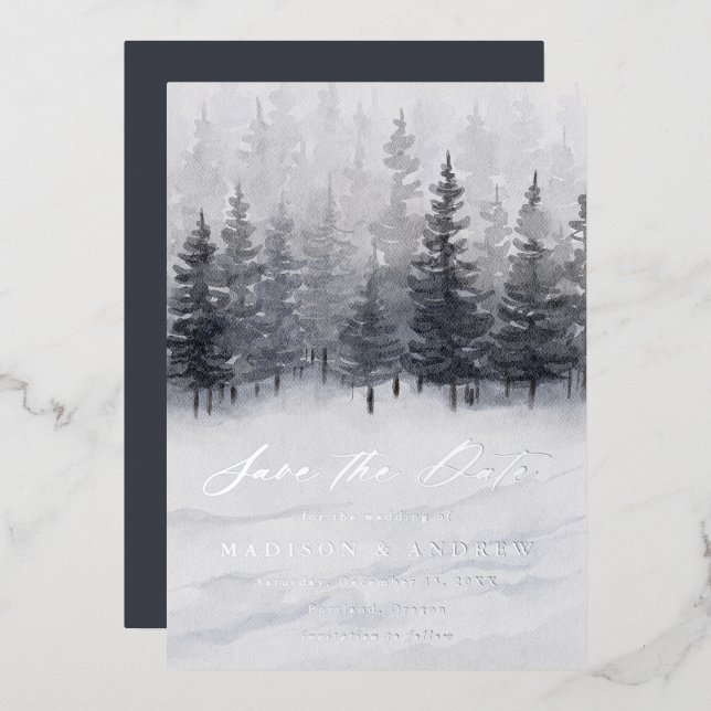 Elegant Winter Forest Foil Save The Date Card (Front/Back)
